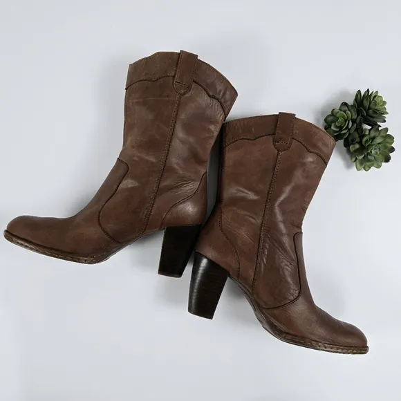 Born Genevieve Brown Leather Mid Calf Boots Size 10