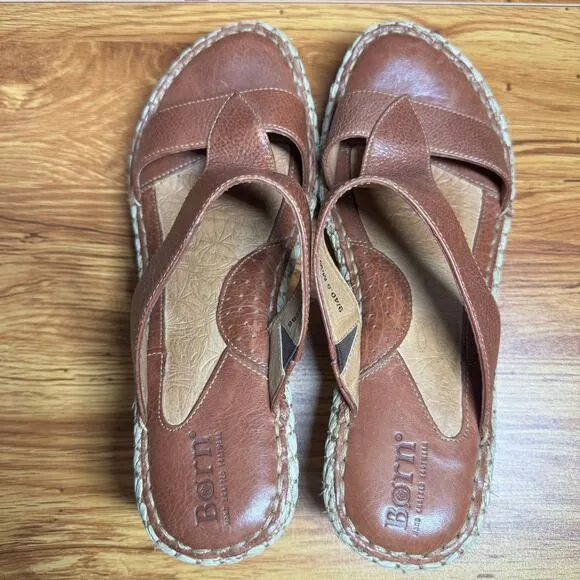 Born Hand Crafted Brown Leather Espadrille Sandals Women 9 Brown Wicker Spring