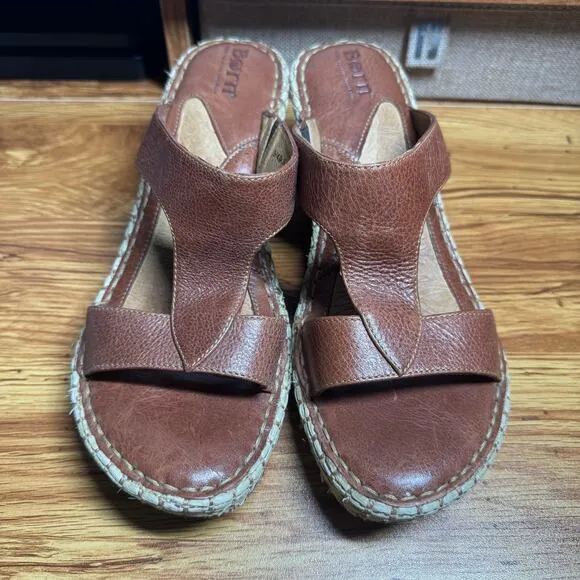 Born Hand Crafted Brown Leather Espadrille Sandals Women 9 Brown Wicker Spring