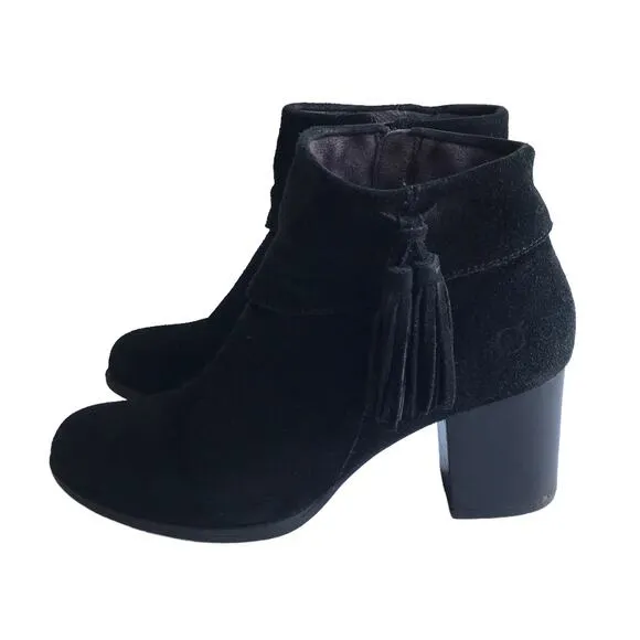 Born Mauvide Suede Ankle Booties Size 8.5 Tassel Chunky Block Heels Boots F11709