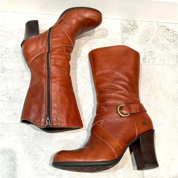 BORN NURI boots harness booties vintage rust leather heeled brown women’s 8.5