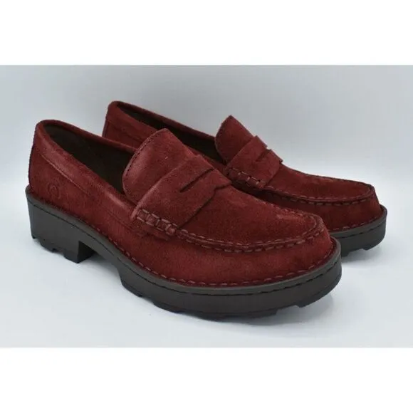 Born Women Sz 11 Carrera Lugged Sole Burgundy Suede Slip On Penny Loafers Shoes