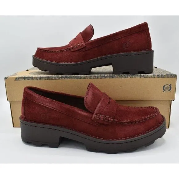 Born Women Sz 11 Carrera Lugged Sole Burgundy Suede Slip On Penny Loafers Shoes