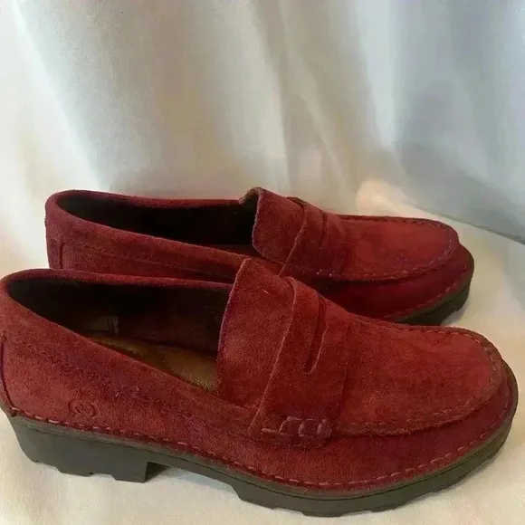 Born Women Sz 6 Carrera Lugged Sole Burgundy Suede Slip On Penny Loafers Shoes