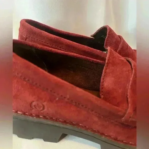 Born Women Sz 6 Carrera Lugged Sole Burgundy Suede Slip On Penny Loafers Shoes