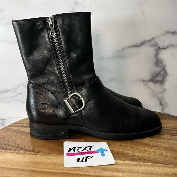 Born Womens Black Leather Side Zip Moto Combat Mid Calf Boots Booties size 7