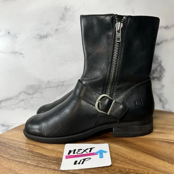 Born Womens Black Leather Side Zip Moto Combat Mid Calf Boots Booties size 7