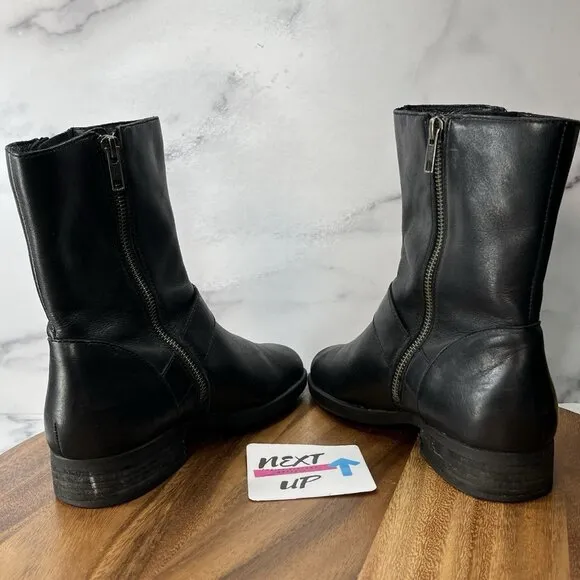 Born Womens Black Leather Side Zip Moto Combat Mid Calf Boots Booties size 7