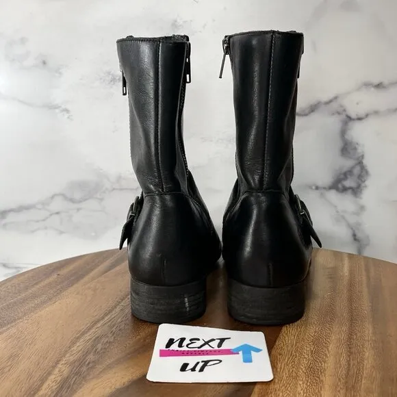 Born Womens Black Leather Side Zip Moto Combat Mid Calf Boots Booties size 7