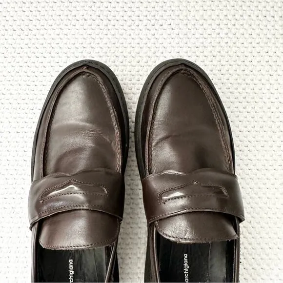 Bottega Marchigiana Italy Brown Leather Chunky Creeper Lug Sole Penny Loafers 41