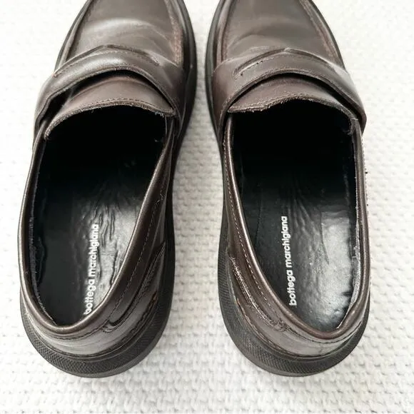 Bottega Marchigiana Italy Brown Leather Chunky Creeper Lug Sole Penny Loafers 41