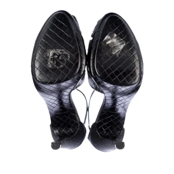 Bottega Veneta Snakeskin Sandals Womens 9 Black Leather Intrecciato Weave Pumps
