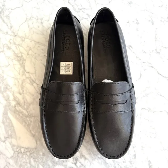Boys Junior Polo Ralph Lauren Telly Slip On Leather Penny Loafers Black Size 7