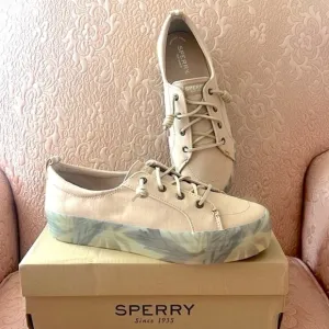 Brand New Sperry Crest Vibe Platform Sneakers Beige Green Leaf Tropical Neutral
