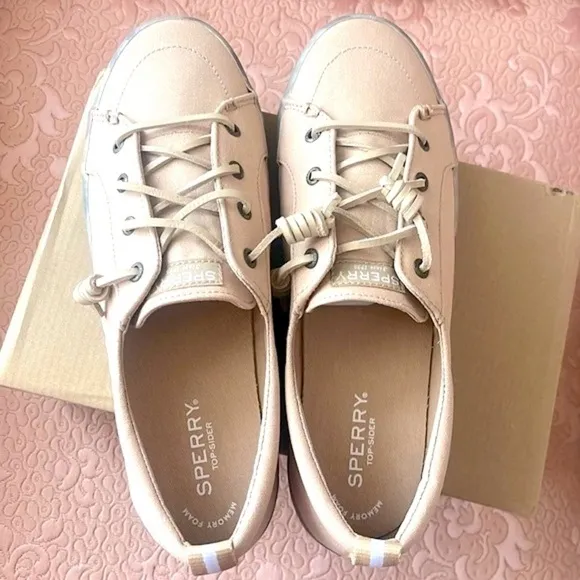 Brand New Sperry Crest Vibe Platform Sneakers Beige Green Leaf Tropical Neutral
