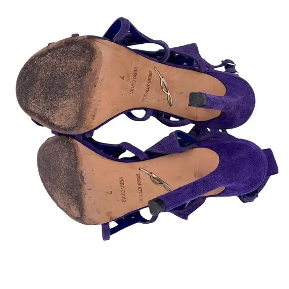 BRIAN ATWOOD Royal Blue Laser Cut Suede Laplata Sandals Size 7 Heels