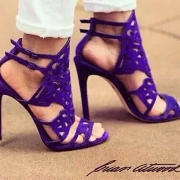 BRIAN ATWOOD Royal Blue Laser Cut Suede Laplata Sandals Size 7 Heels