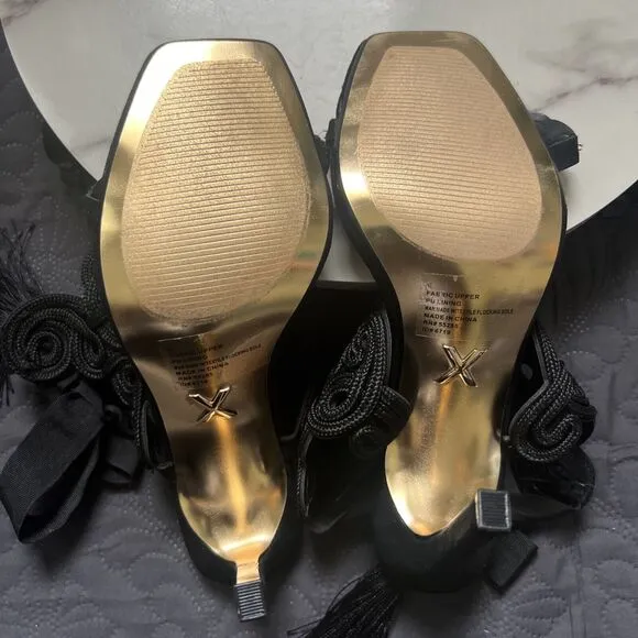 Brian Atwood X Express Embroidered Tie Back Heeled Sandals Black SZ 6 Coquette