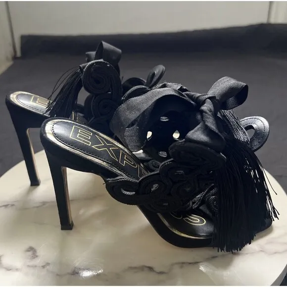 Brian Atwood X Express Embroidered Tie Back Heeled Sandals Black SZ 6 Coquette