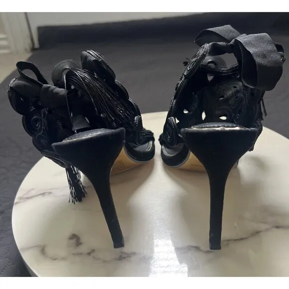 Brian Atwood X Express Embroidered Tie Back Heeled Sandals Black SZ 6 Coquette