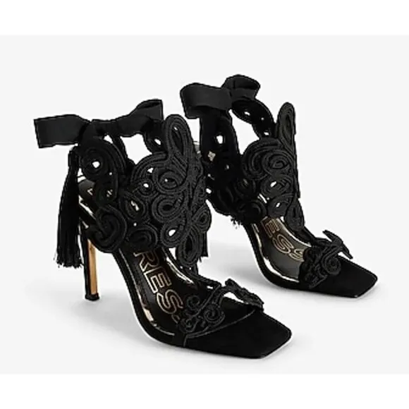 Brian Atwood X Express Embroidered Tie Back Heeled Sandals Black SZ 6 Coquette