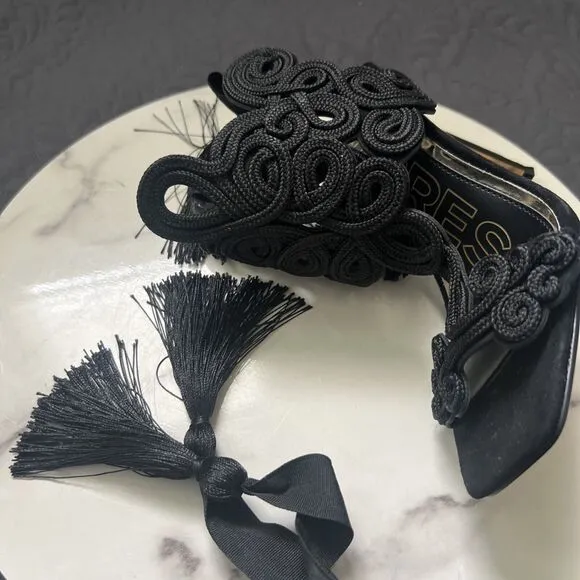 Brian Atwood X Express Embroidered Tie Back Heeled Sandals Black SZ 6 Coquette