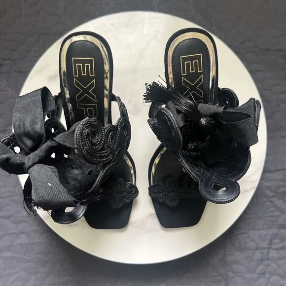 Brian Atwood X Express Embroidered Tie Back Heeled Sandals Black SZ 6 Coquette