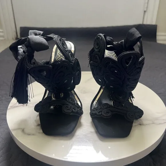 Brian Atwood X Express Embroidered Tie Back Heeled Sandals Black SZ 6 Coquette
