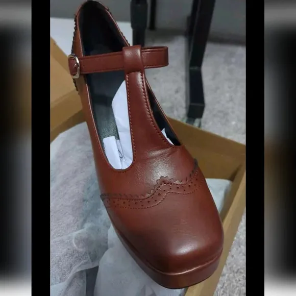Brown Mary Jane Platform Block Heel Women's Shoes