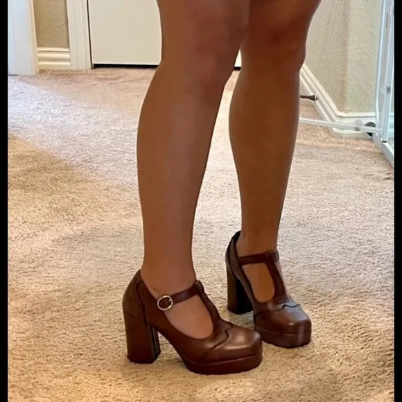 Brown Mary Jane Platform Block Heel Women's Shoes