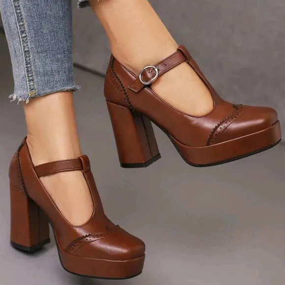 Brown Mary Jane Platform Block Heel Women's Shoes