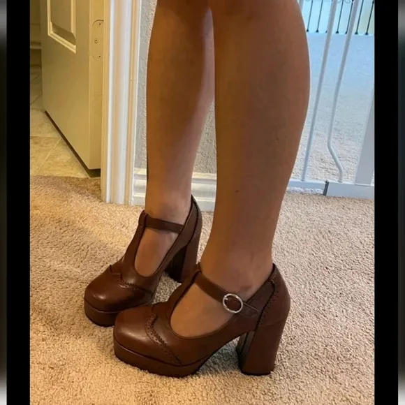 Brown Mary Jane Platform Block Heel Women's Shoes