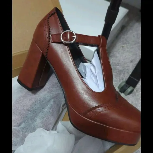 Brown Mary Jane Platform Block Heel Women's Shoes