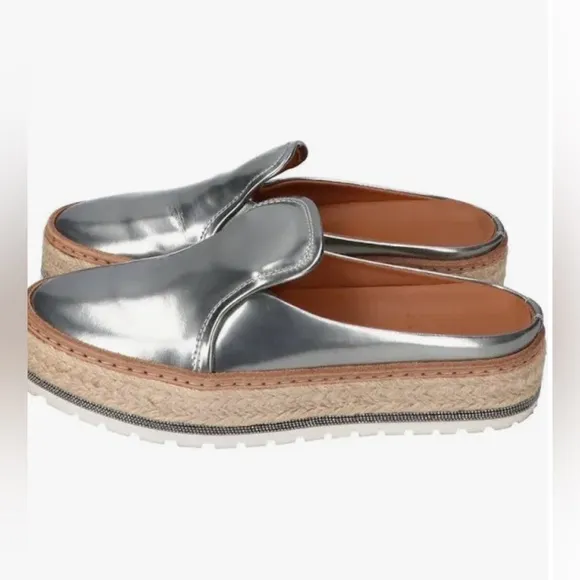 Brunello Cucinelli Metallic Leather Platform Mule w Monili Trim