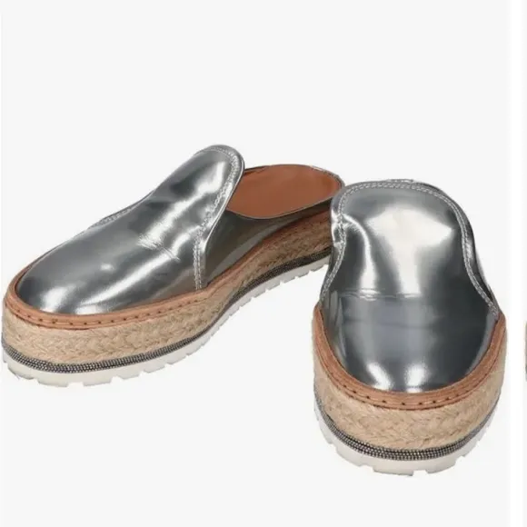 Brunello Cucinelli Metallic Leather Platform Mule w Monili Trim
