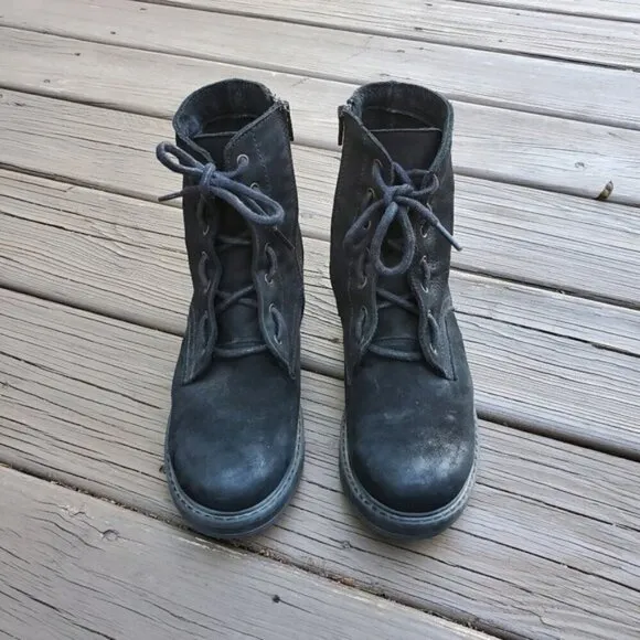 Bueno Getty Black Nubuck Suede Leather Lace-up Chunky Combat Military Moto Boots