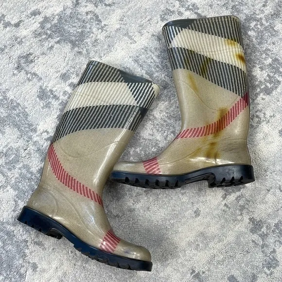 Burberry Nova Check Rubber Rain Boots Mid Calf Beige Plaid Wellies Sz 36