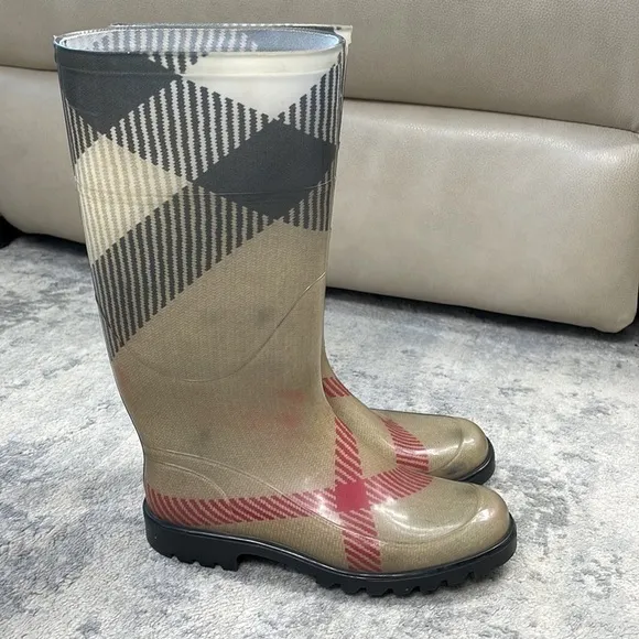 Burberry Nova Check Rubber Rain Boots Mid Calf Beige Plaid Wellies Sz 36