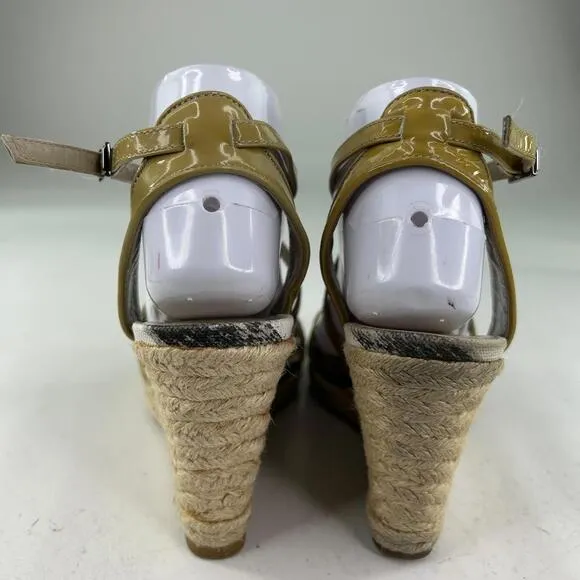 Burberry Nova Check Wedge Espadrilles US 8.5 Women's Beige Open Toe Ankle Wrap