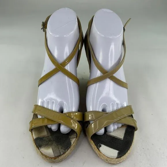 Burberry Nova Check Wedge Espadrilles US 8.5 Women's Beige Open Toe Ankle Wrap