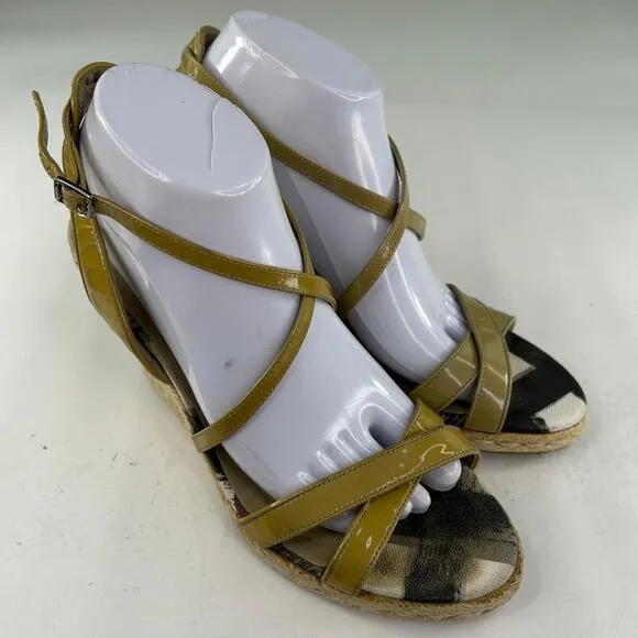 Burberry Nova Check Wedge Espadrilles US 8.5 Women's Beige Open Toe Ankle Wrap