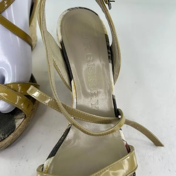Burberry Nova Check Wedge Espadrilles US 8.5 Women's Beige Open Toe Ankle Wrap