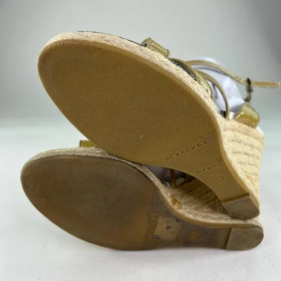 Burberry Nova Check Wedge Espadrilles US 8.5 Women's Beige Open Toe Ankle Wrap