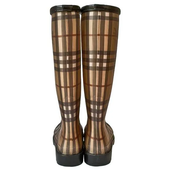 Burberry Tan Haymarket Plaid Mid-Calf Lugged Outsole Slip On Rubber Rain Boots