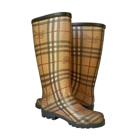 Burberry Tan Haymarket Plaid Mid-Calf Lugged Outsole Slip On Rubber Rain Boots