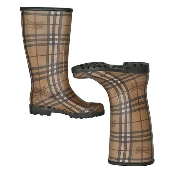 Burberry Tan Haymarket Plaid Mid-Calf Lugged Outsole Slip On Rubber Rain Boots