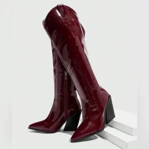 Burgundy Patent Faux Leather Western Boot