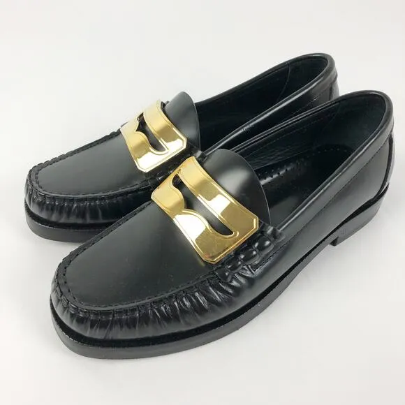 Buscemi Womens Town Loafers EU 35 US 5 Black Block Heels Flats Gold Accent NWOB