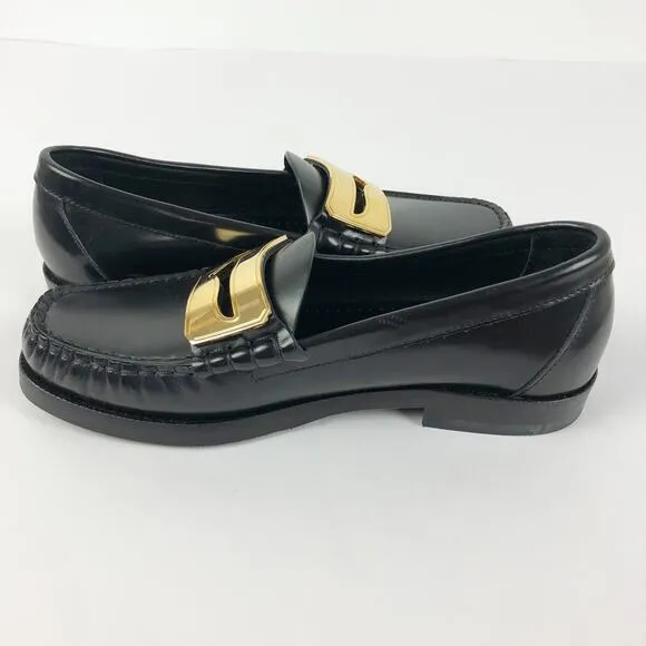 Buscemi Womens Town Loafers EU 35 US 5 Black Block Heels Flats Gold Accent NWOB