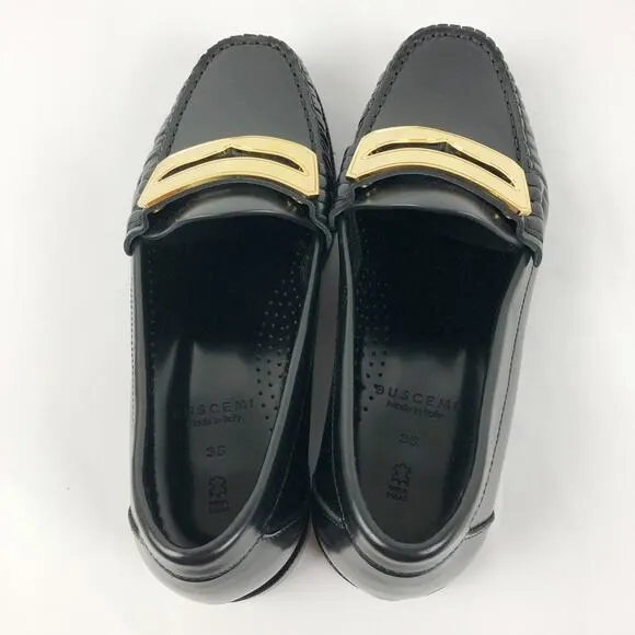 Buscemi Womens Town Loafers EU 35 US 5 Black Block Heels Flats Gold Accent NWOB